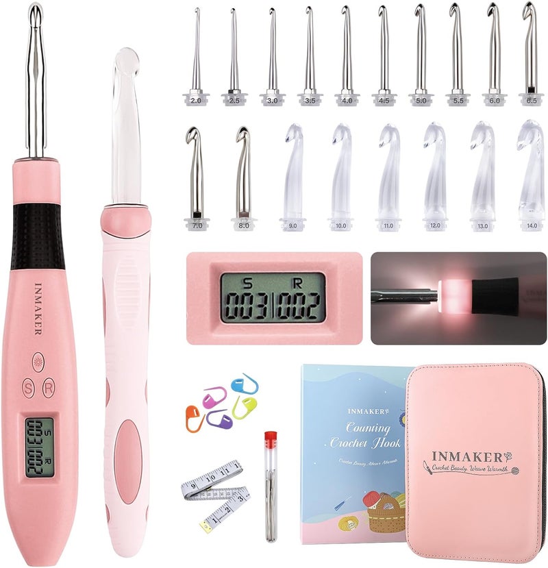 INMAKER Light up Crochet Hook Set, 18in1 Lighted Crochet Hook with Counter, Crochet Needles Gifts for Beginners, Arthritic Hands(2.0-14.0mm) - Image 1
